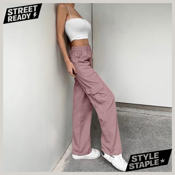 High Waisted Cargo Pants with 6 Pockets Stretchy Wide Leg Streetwear - Picture 6 of 7